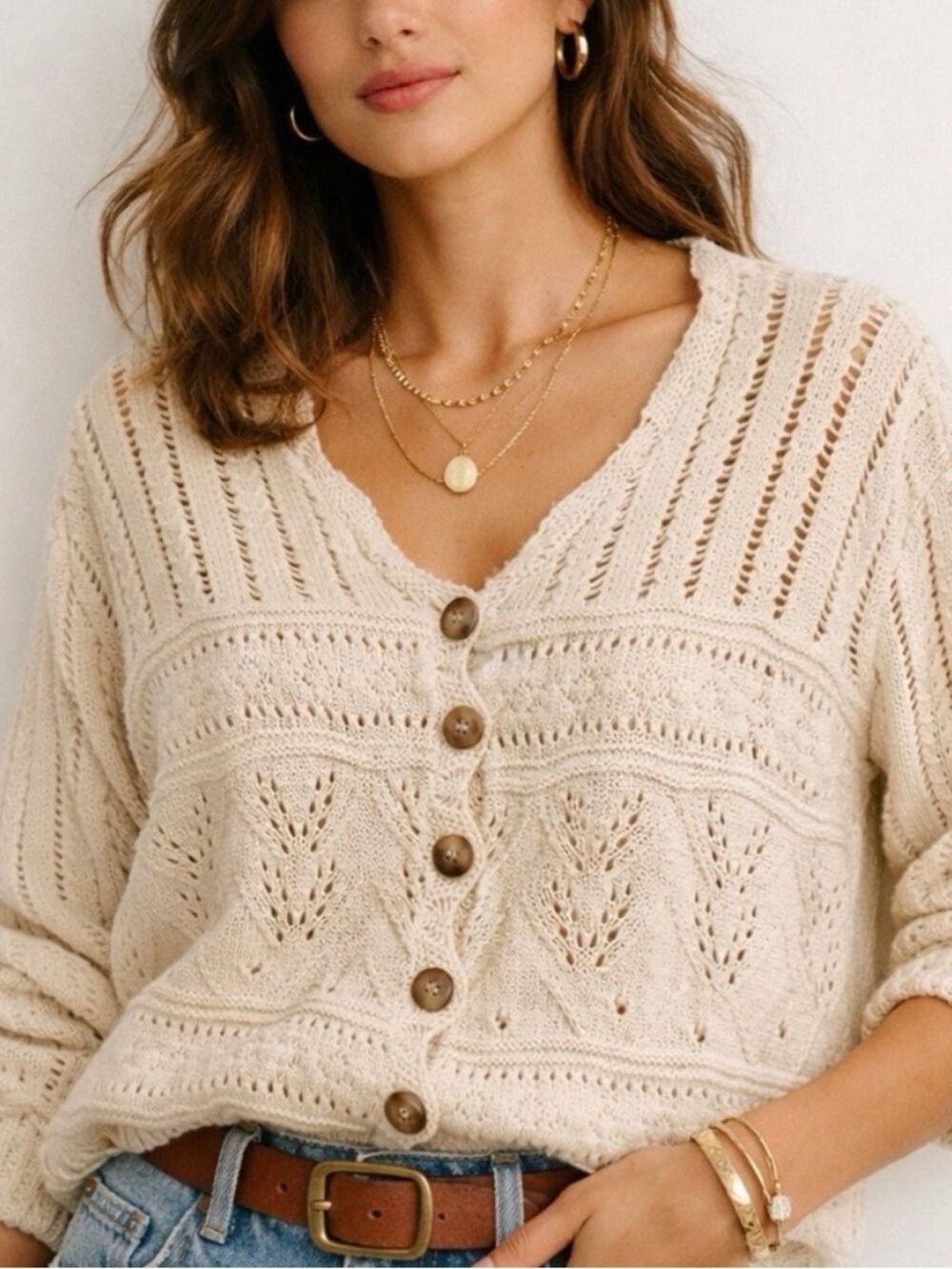 Cream Button-Front Crochet Knit Cardigan Sweater